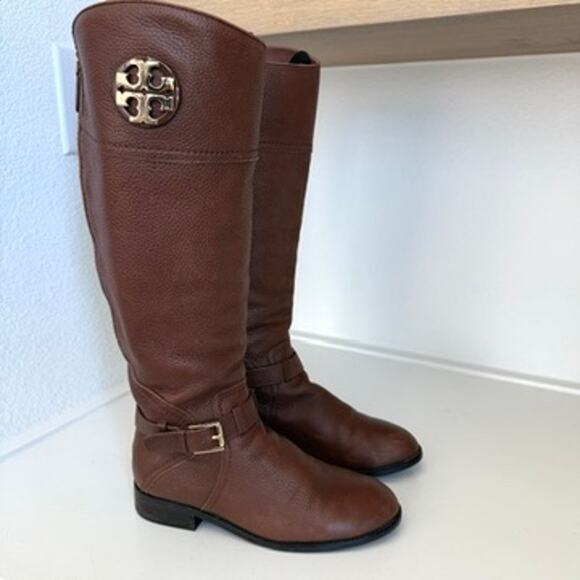 TORY BURCH Riding Boots Brown Leather Zip Knee High Logo Buckle Women 7M - Picture 2 of 13